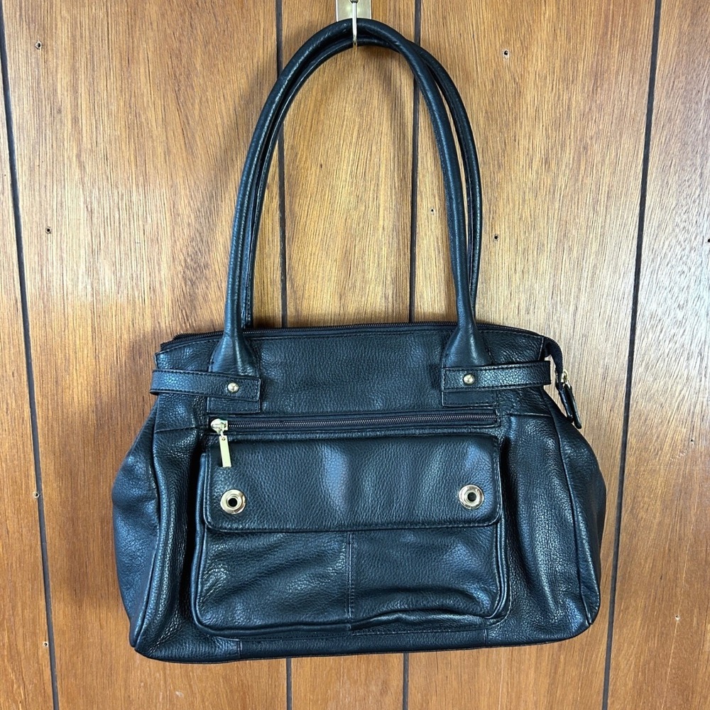 Wilsons Leather Black Pebbled Leather Shoulder Bag Satchel Gold Hardware